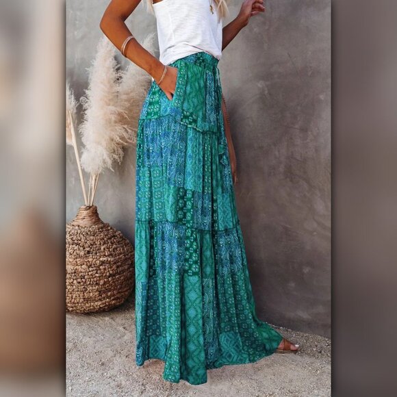 🆂🅰🅻🅴 A352 ☼ Teal Mix Boho Patchwork Maxi Skirt - Picture 3 of 6